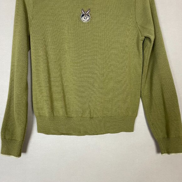 Wool Sweater Rabbit Patch Quirky Green Turtleneck Long Sleeve Bunny Pullover - Picture 5 of 12